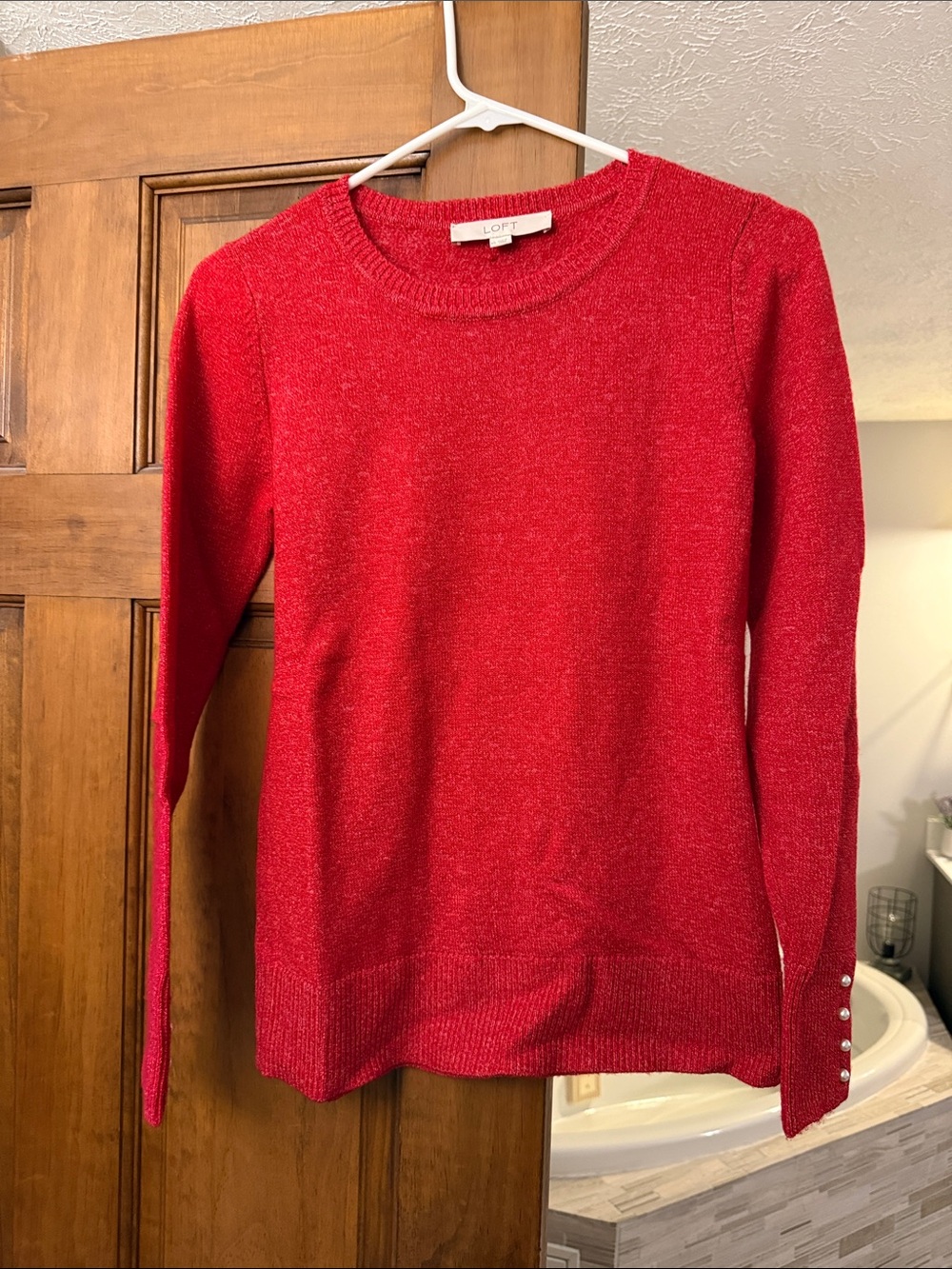 LOFT Red Crewneck Sweater with Cuff Button Accents